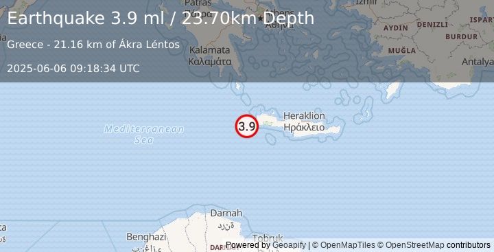 Earthquake CRETE, GREECE (3.9 ml) (2025-06-06 09:18:34 UTC)