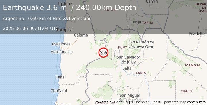Earthquake JUJUY, ARGENTINA (3.6 ml) (2025-06-06 09:01:04 UTC)