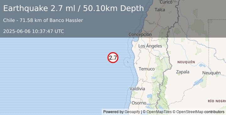 Earthquake OFF COAST OF ARAUCANIA, CHILE (2.7 ml) (2025-06-06 10:37:47 UTC)