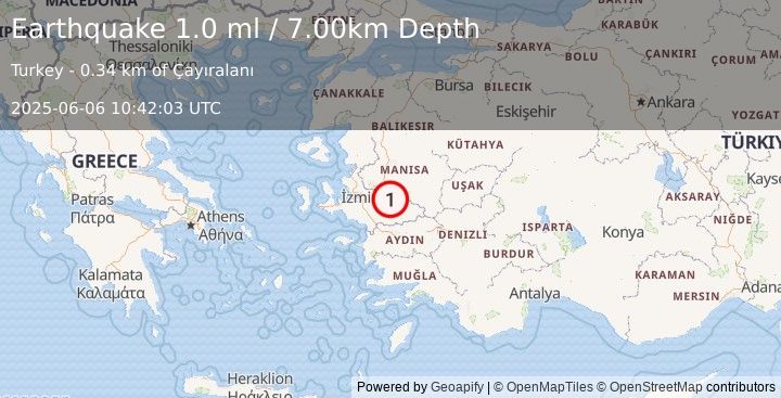 Earthquake WESTERN TURKEY (1.0 ml) (2025-06-06 10:42:03 UTC)