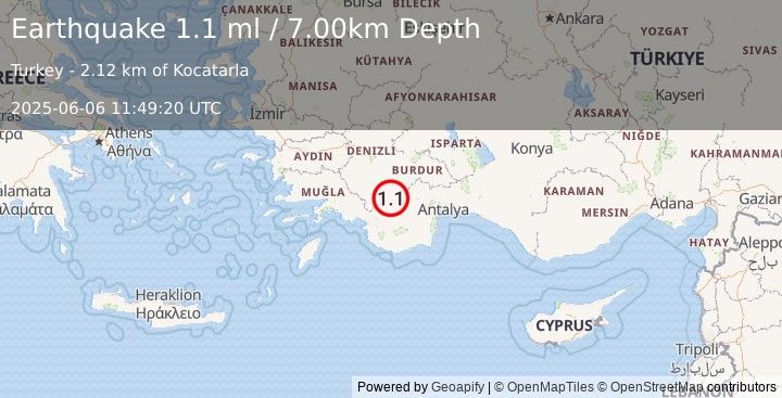 Earthquake WESTERN TURKEY (1.1 ml) (2025-06-06 11:49:20 UTC)