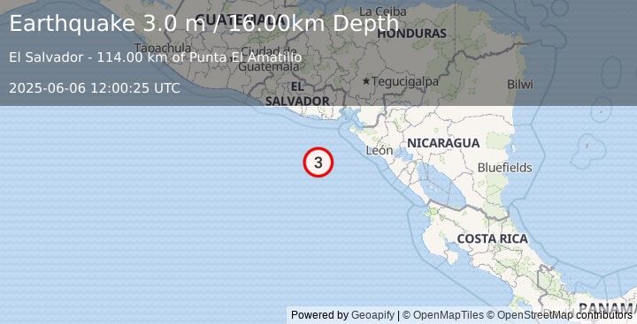 Earthquake OFF THE COAST OF EL SALVADOR (3.0 m) (2025-06-06 12:00:25 UTC)