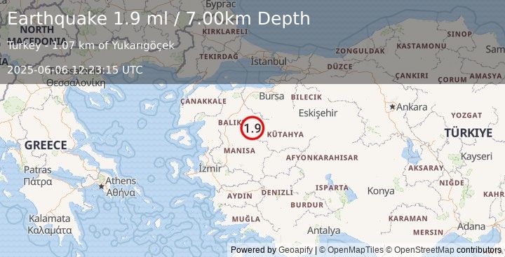 Earthquake WESTERN TURKEY (1.9 ml) (2025-06-06 12:23:15 UTC)