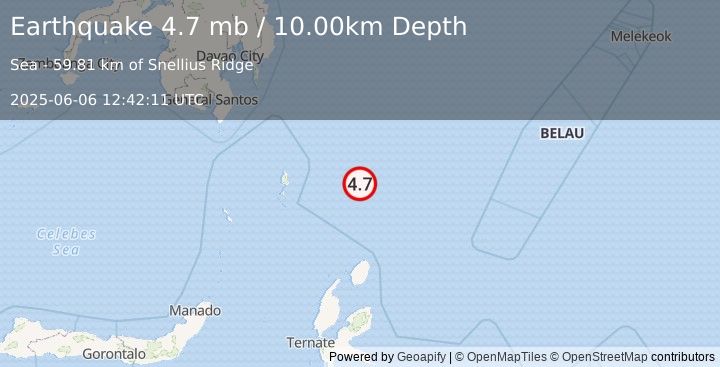 Earthquake NORTH OF HALMAHERA, INDONESIA (4.7 mb) (2025-06-06 12:42:11 UTC)