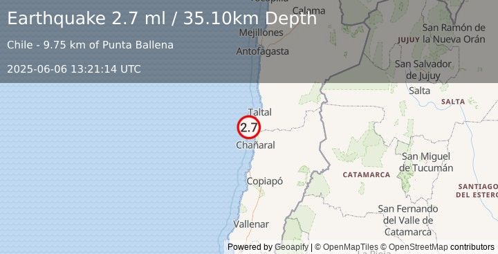Earthquake OFFSHORE ANTOFAGASTA, CHILE (2.7 ml) (2025-06-06 13:21:14 UTC)