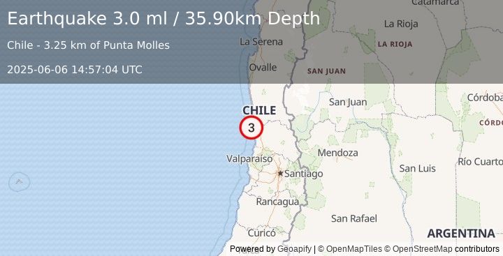Earthquake OFFSHORE VALPARAISO, CHILE (3.0 ml) (2025-06-06 14:57:04 UTC)