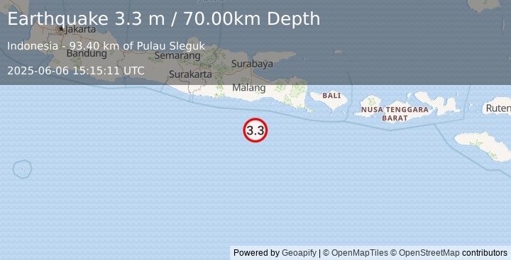 Earthquake SOUTH OF JAVA, INDONESIA (3.3 m) (2025-06-06 15:15:11 UTC)