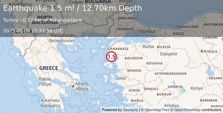 Earthquake NEAR THE COAST OF WESTERN TURKEY (1.5 ml) (2025-06-06 15:21:56 UTC)