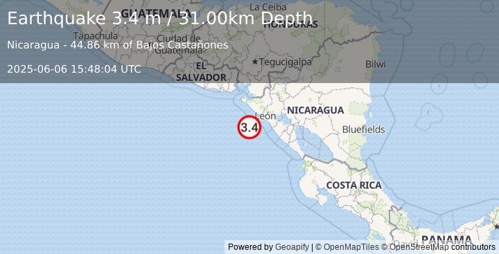 Earthquake NEAR COAST OF NICARAGUA (3.4 m) (2025-06-06 15:48:04 UTC)