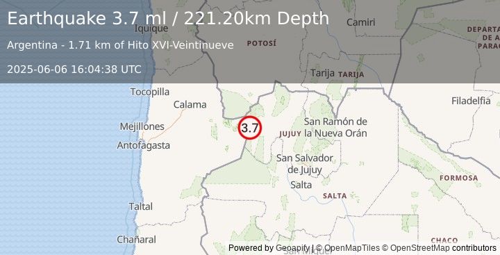 Earthquake JUJUY, ARGENTINA (3.7 ml) (2025-06-06 16:04:38 UTC)