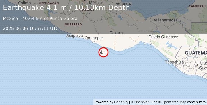 Earthquake OFFSHORE OAXACA, MEXICO (4.1 m) (2025-06-06 16:57:11 UTC)