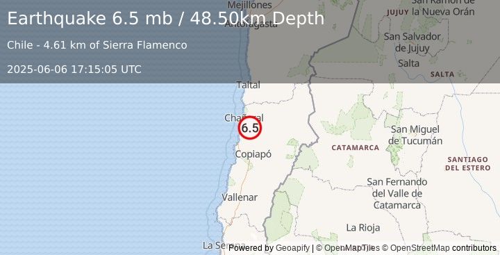 Earthquake ATACAMA, CHILE (6.5 mb) (2025-06-06 17:15:06 UTC)
