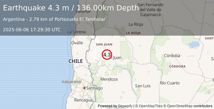 Earthquake SAN JUAN, ARGENTINA (4.3 m) (2025-06-06 17:29:30 UTC)