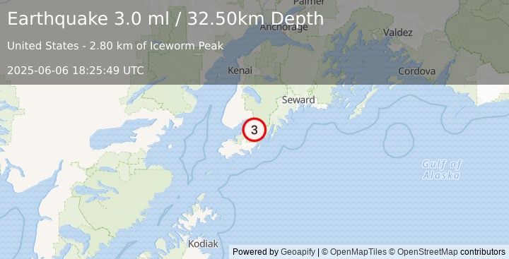 Earthquake KENAI PENINSULA, ALASKA (3.0 ml) (2025-06-06 18:25:49 UTC)