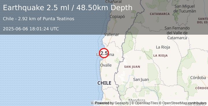 Earthquake OFFSHORE COQUIMBO, CHILE (2.5 ml) (2025-06-06 18:01:24 UTC)
