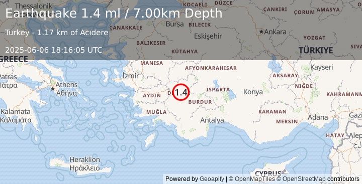 Earthquake WESTERN TURKEY (1.4 ml) (2025-06-06 18:16:05 UTC)