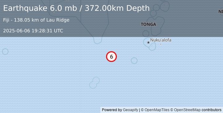 Earthquake SOUTH OF FIJI ISLANDS (5.8 mb) (2025-06-06 19:28:31 UTC)