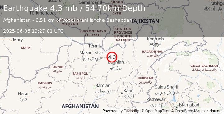 Earthquake HINDU KUSH REGION, AFGHANISTAN (4.3 mb) (2025-06-06 19:27:01 UTC)