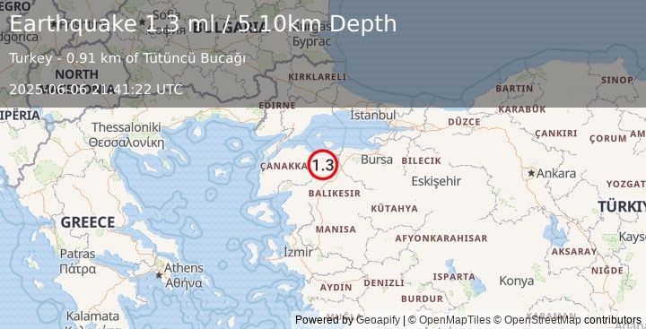 Earthquake WESTERN TURKEY (1.3 ml) (2025-06-06 21:41:22 UTC)
