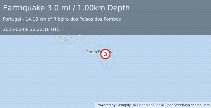 Earthquake AZORES ISLANDS, PORTUGAL (3.0 ml) (2025-06-06 22:22:18 UTC)