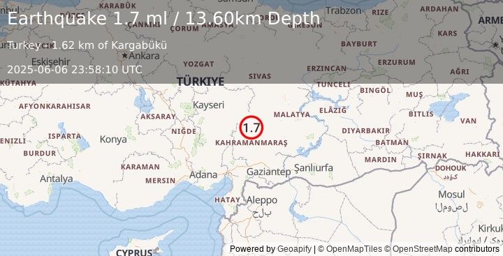 Earthquake CENTRAL TURKEY (1.7 ml) (2025-06-06 23:58:10 UTC)