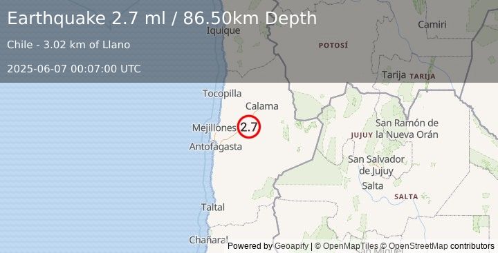 Earthquake ANTOFAGASTA, CHILE (2.7 ml) (2025-06-07 00:07:00 UTC)
