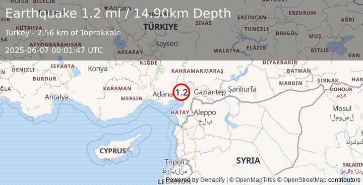 Earthquake CENTRAL TURKEY (1.2 ml) (2025-06-07 00:01:47 UTC)