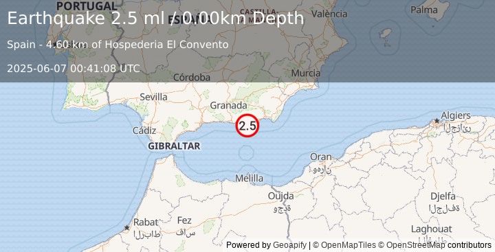 Earthquake STRAIT OF GIBRALTAR (2.5 ml) (2025-06-07 00:41:08 UTC)