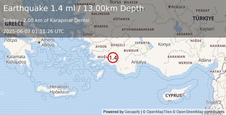 Earthquake WESTERN TURKEY (1.4 ml) (2025-06-07 01:11:26 UTC)