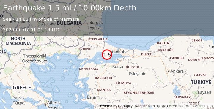 Earthquake WESTERN TURKEY (1.5 ml) (2025-06-07 01:01:19 UTC)