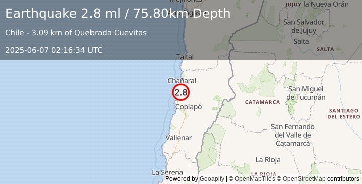 Earthquake ATACAMA, CHILE (2.8 ml) (2025-06-07 02:16:34 UTC)