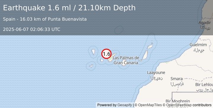 Earthquake CANARY ISLANDS, SPAIN REGION (1.6 ml) (2025-06-07 02:06:33 UTC)