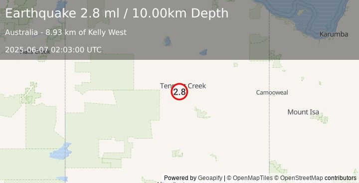 Earthquake NORTHERN TERRITORY, AUSTRALIA (2.8 ml) (2025-06-07 02:03:00 UTC)