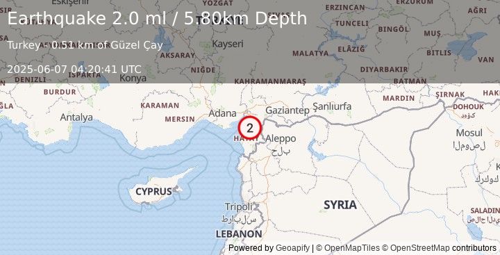 Earthquake TURKEY-SYRIA BORDER REGION (2.0 ml) (2025-06-07 04:20:41 UTC)