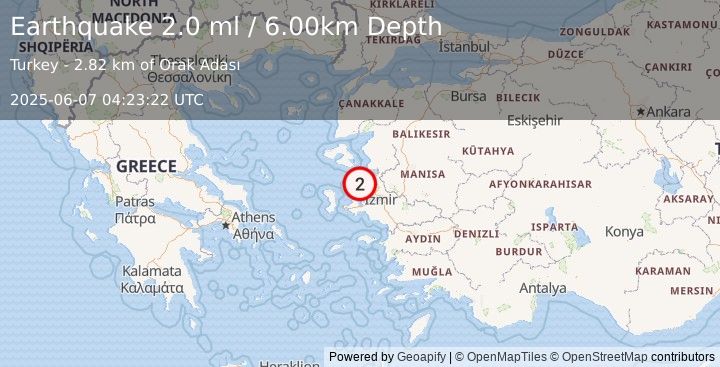 Earthquake NEAR THE COAST OF WESTERN TURKEY (2.0 ml) (2025-06-07 04:23:22 UTC)