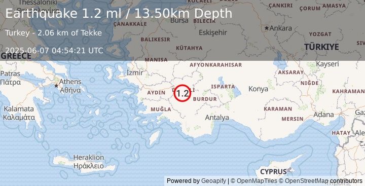 Earthquake WESTERN TURKEY (1.2 ml) (2025-06-07 04:54:21 UTC)