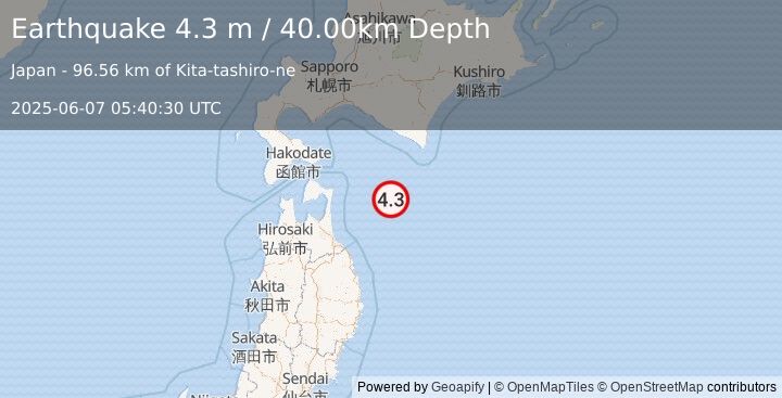 Earthquake HOKKAIDO, JAPAN REGION (4.5 mb) (2025-06-07 05:40:18 UTC)