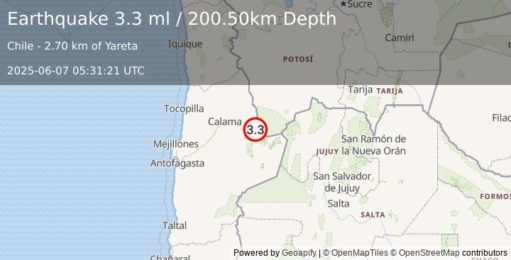Earthquake ANTOFAGASTA, CHILE (3.3 ml) (2025-06-07 05:31:21 UTC)