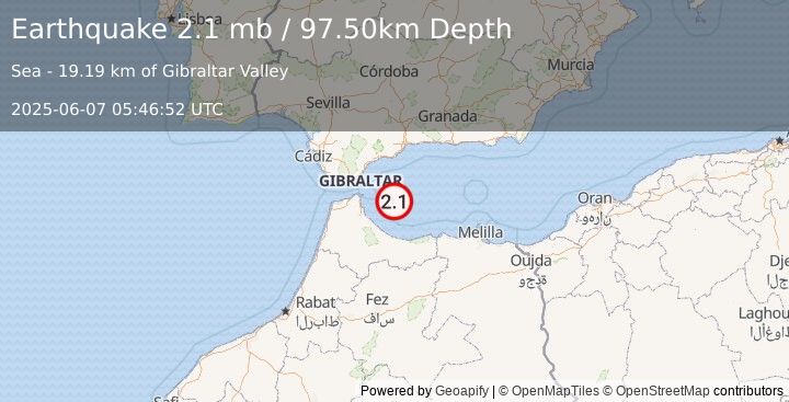 Earthquake STRAIT OF GIBRALTAR (2.1 mb) (2025-06-07 05:46:52 UTC)