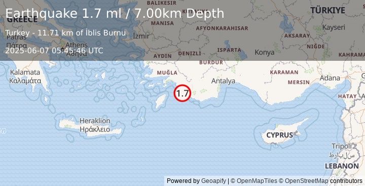 Earthquake DODECANESE IS.-TURKEY BORDER REG (1.7 ml) (2025-06-07 05:45:46 UTC)
