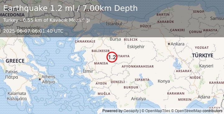Earthquake WESTERN TURKEY (1.2 ml) (2025-06-07 06:01:40 UTC)