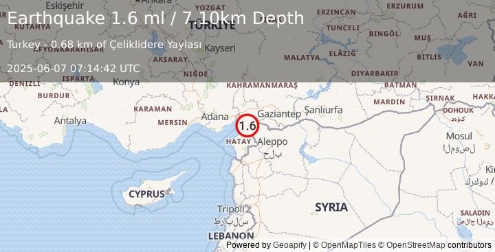 Earthquake TURKEY-SYRIA BORDER REGION (1.6 ml) (2025-06-07 07:14:42 UTC)