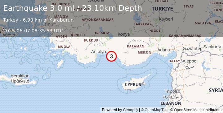 Earthquake WESTERN TURKEY (3.0 ml) (2025-06-07 08:35:53 UTC)