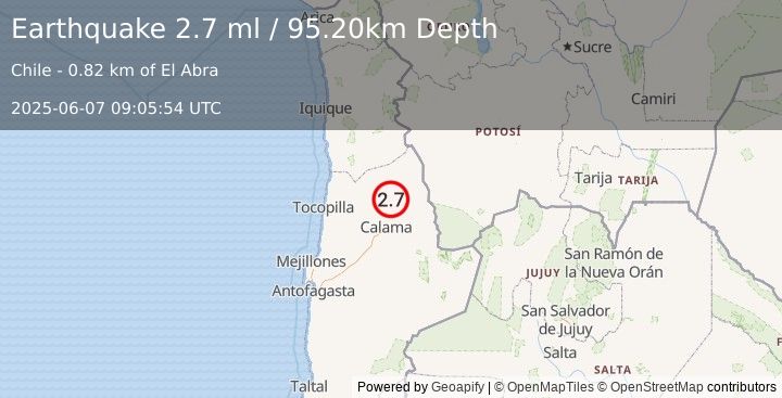 Earthquake ANTOFAGASTA, CHILE (2.7 ml) (2025-06-07 09:05:54 UTC)