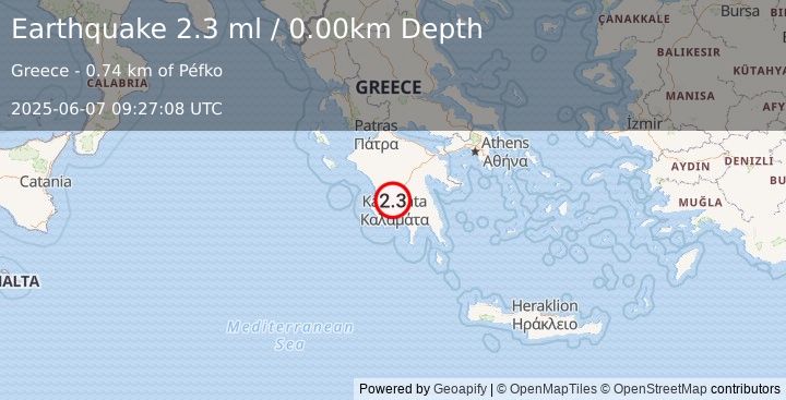 Earthquake SOUTHERN GREECE (2.3 ml) (2025-06-07 09:27:08 UTC)