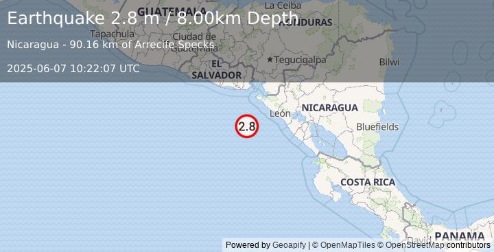 Earthquake NEAR COAST OF NICARAGUA (2.8 m) (2025-06-07 10:22:07 UTC)