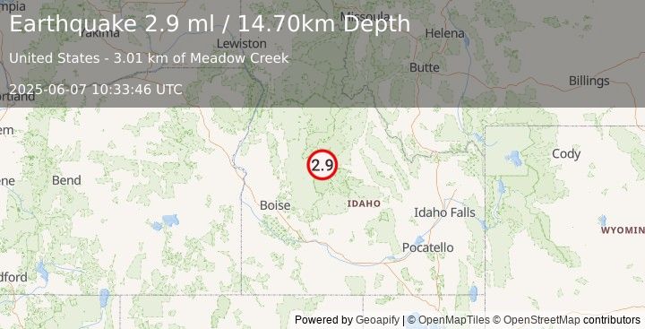 Earthquake SOUTHERN IDAHO (2.9 ml) (2025-06-07 10:33:46 UTC)