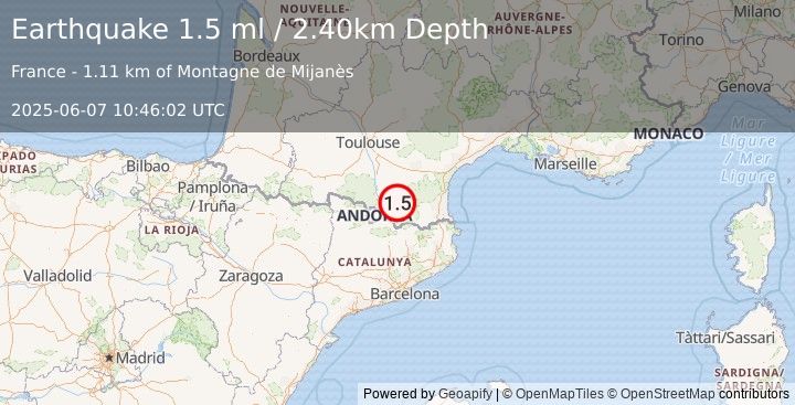 Earthquake PYRENEES (1.5 ml) (2025-06-07 10:46:02 UTC)