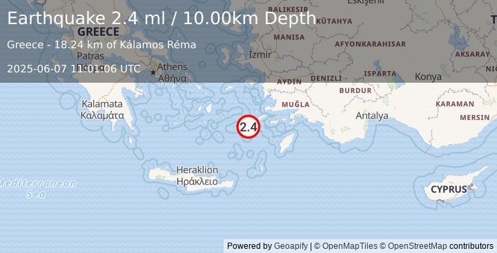 Earthquake DODECANESE ISLANDS, GREECE (2.4 ml) (2025-06-07 11:01:06 UTC)