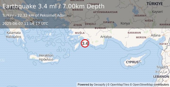 Earthquake DODECANESE IS.-TURKEY BORDER REG (3.4 ml) (2025-06-07 11:14:17 UTC)